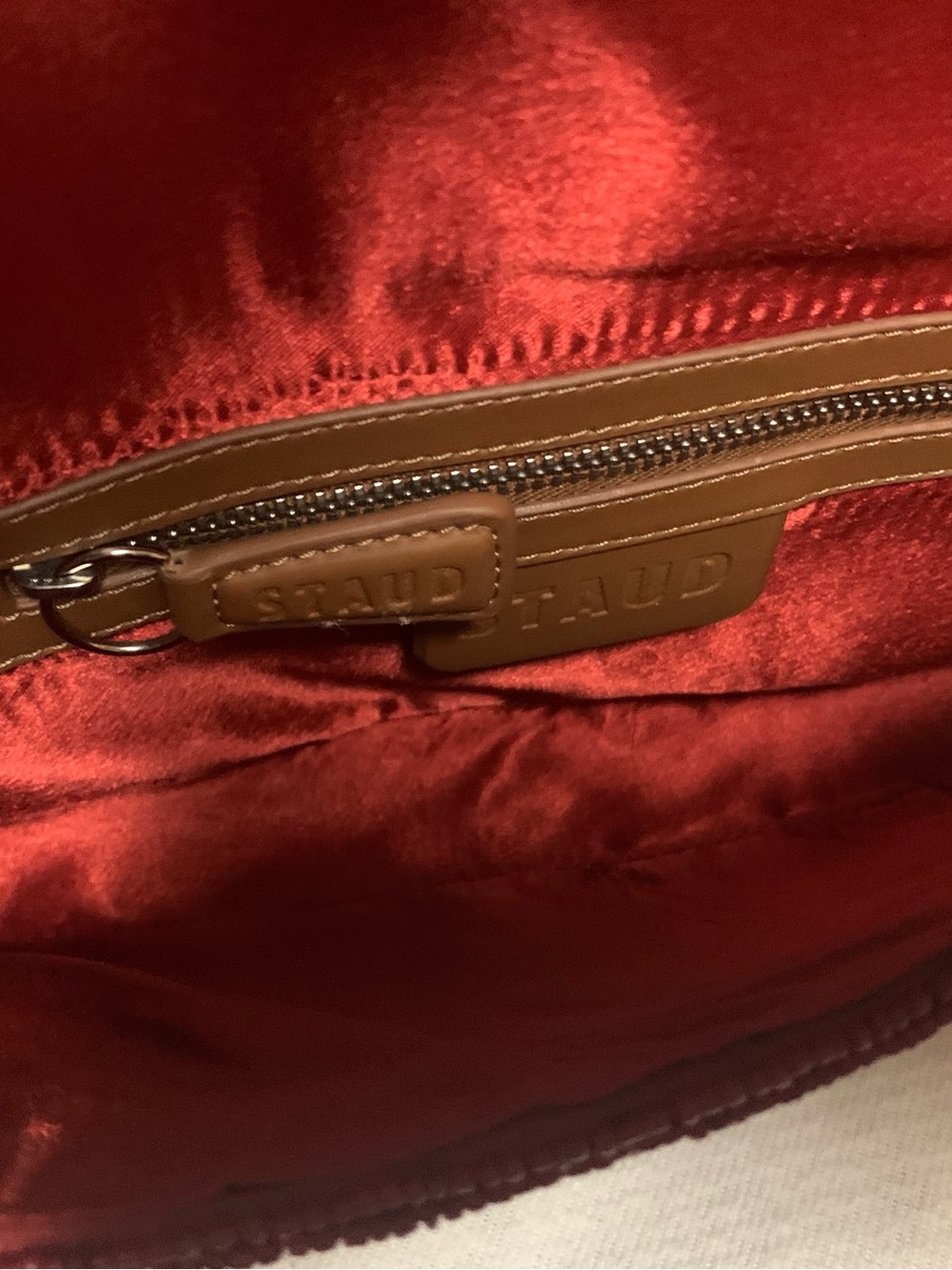 STAUD Tommy Beaded / Embroidered Folk Town Shoulder Bag Red W Tan Trim $325 MSRP - Picture 11 of 17